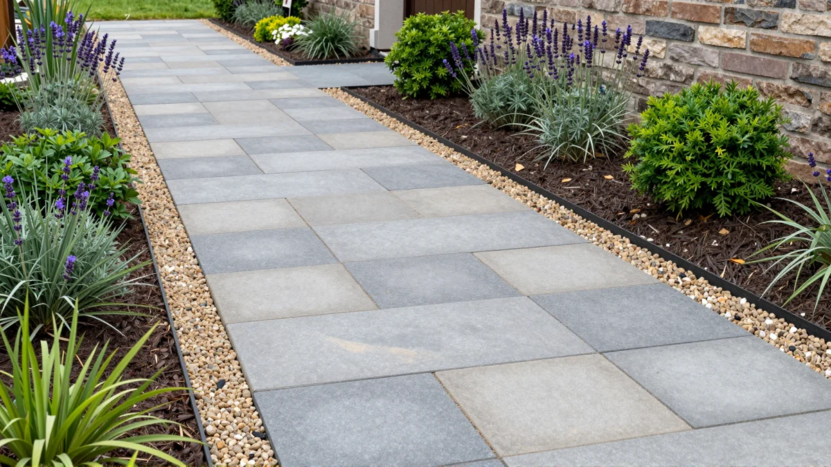 Frisch bepflanztes Gartenbeet neben einer Terrasse mit Lavendel, Hortensien, Straeuchern und Ziergraesern