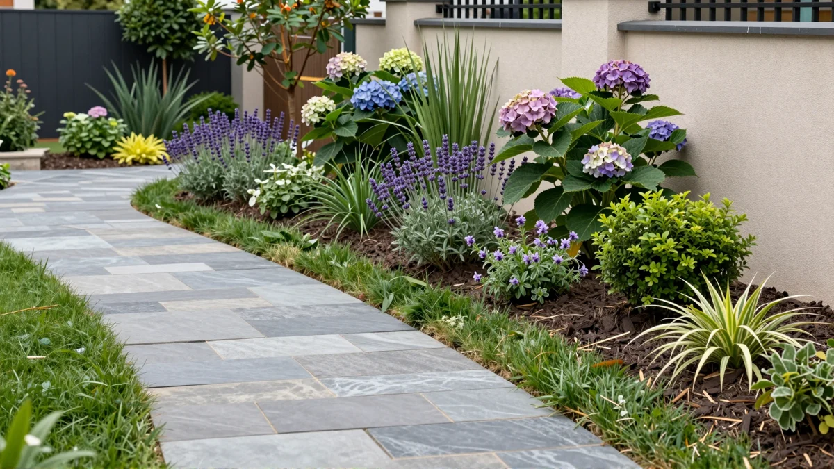 Neu verlegter Gartenweg aus Naturstein mit Kieskante, Lavendel, Straeuchern und Ziergraesern