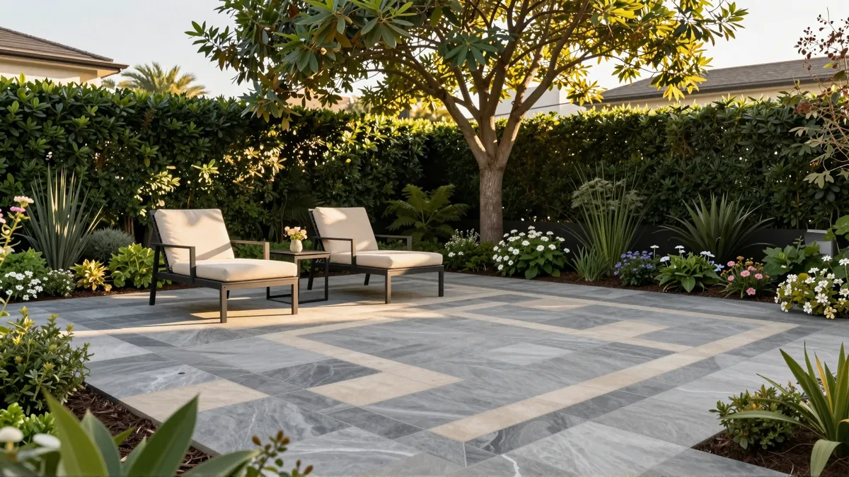 Moderner Garten mit Steinpatio, geometrischen Mustern und Lounge-Stühlen unter einem Baum