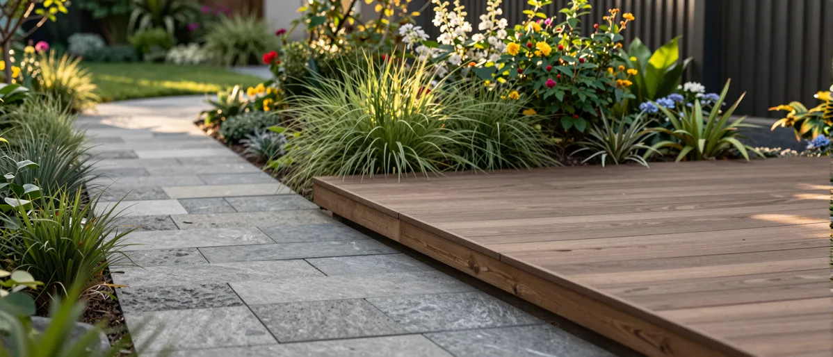 Ein neu gestalteter Garten mit Natursteinpfaden, üppigen Pflanzen und einer modernen Holzterrasse in warmem Abendlicht