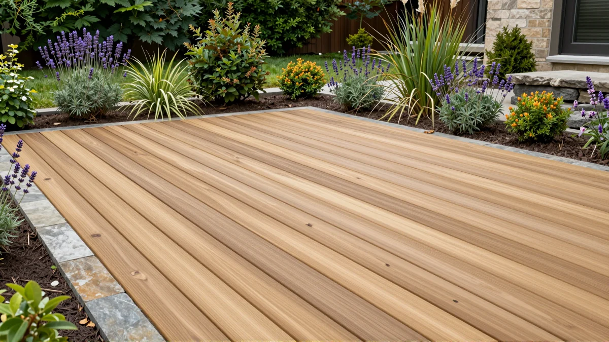 Neu angelegte Holzterrasse mit bepflanzten Rabatten, Ziergraesern und gepflegten Gartenwegen