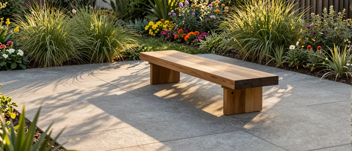 Moderner Gartenterrassenbereich mit geometrischen Steinplatten, Ziergräsern und blühenden Sträuchern