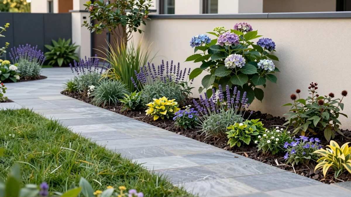 Frisch bepflanztes Gartenbeet neben einer Terrasse mit Lavendel, Hortensien, Straeuchern und Ziergraesern