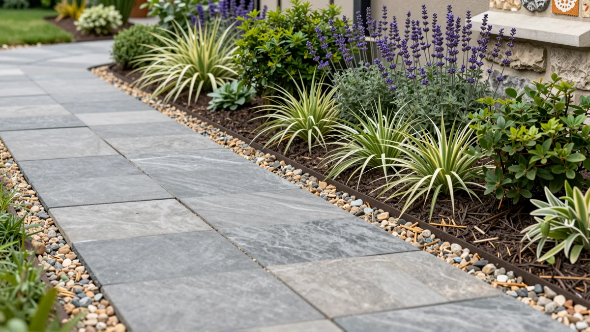 Frisch bepflanztes Gartenbeet neben einer Terrasse mit Lavendel, Hortensien, Straeuchern und Ziergraesern