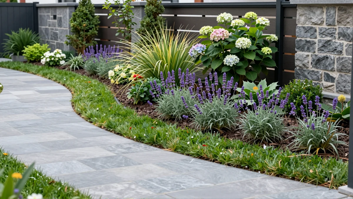 Frisch bepflanztes Gartenbeet neben einer Terrasse mit Lavendel, Hortensien, Straeuchern und Ziergraesern