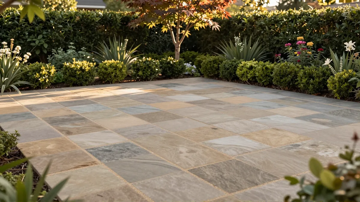 Neu angelegte Naturstein-Terrasse mit Sandsteinplatten inmitten üppiger Gartengestaltung und blühenden Sträuchern
