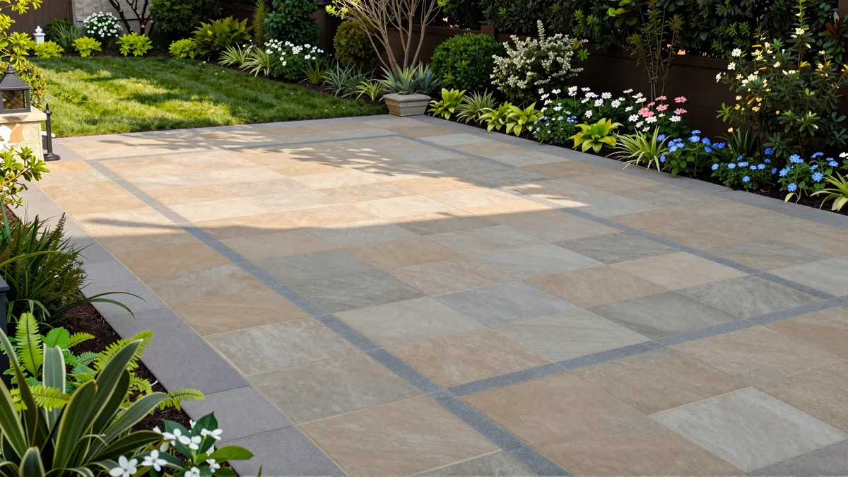 Ein neu angelegter Naturstein-Terrasse mit geometrischen Mustern, umgeben von üppiger Bepflanzung und blühenden Sträuchern